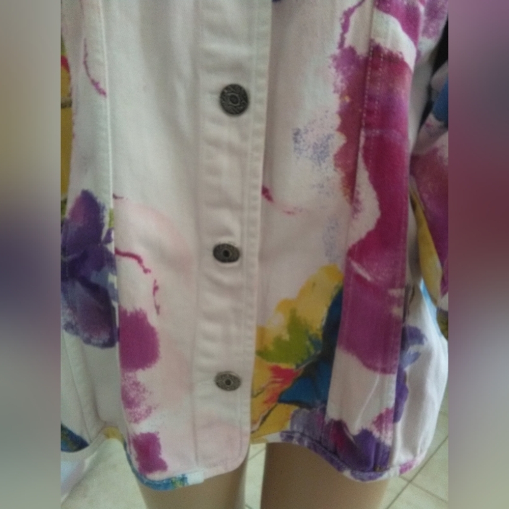 VINTAGE CHICOS ADORABLE INK BLOT FLORAL Multicolor Women's Denim Jacket SZ.3 - Picture 3 of 7